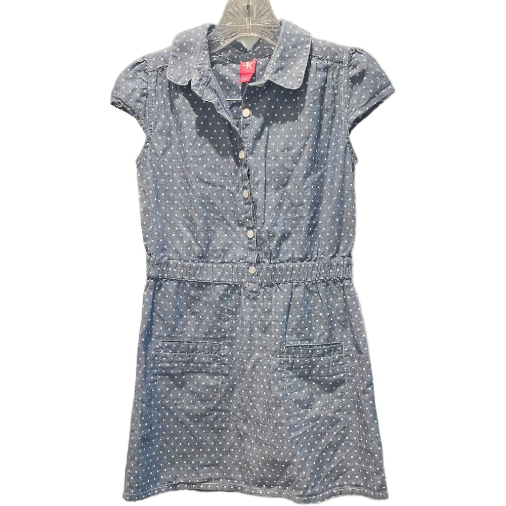 J. Khaki Girls Blue Polka Dot Denim Dress Size 12 Cotton Button Front Pockets